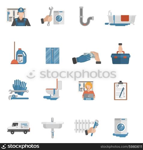 Plumber service flat icons collection. Plumber flat icons collection with online service operator and bathroom shower cabin equipment abstract isolated vector illustration