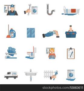 Plumber service flat icons collection. Plumber flat icons collection with online service operator and bathroom shower cabin equipment abstract isolated vector illustration