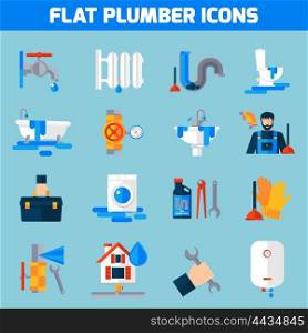 Plumber Service Flat Icons Set . Plumbing service flat icons set with toilet bathtub and sink drain repair tools abstract isolated vector illustration