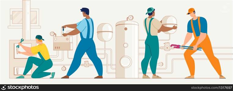 Plumber Service, Heating Company Technicians, Construction Specialists Team Using Tools, Installing, Repairing, Maintaining, Servicing Home Heating, Hot Water Supply System Flat Vector Illustration