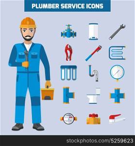 Plumber Service Icon Set. Plumber icons set with flat male sanitary technician character tubes tools and bath equipment images vector illustration