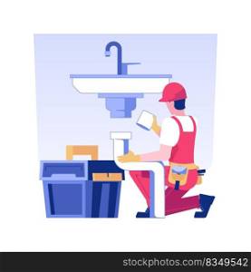 Plumber service isolated concept vector illustration. Plumber in uniform repairing sink and pipes, mold disease, private house maintenance service, sewerage renovation process vector concept.. Plumber service isolated concept vector illustration.