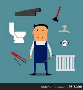 Plumber service profession icons with radiator, water faucet and water meter, toilet and adjustable wrench, pipes system with leak, spanners, plunger and man in overalls. Plumber with tools and equipment