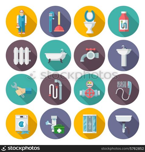 Plumber service tools kit flat pictograms set with heater system damage sections round abstract isolated vector illustration