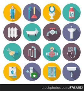 Plumber service tools kit flat pictograms set with heater system damage sections round abstract isolated vector illustration