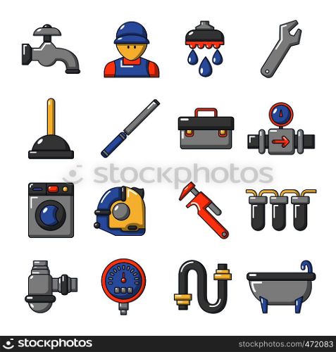 Plumber symbols icons set. Cartoon illustration of 16 plumber symbols vector icons for web. Plumber symbols icons set, cartoon style