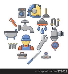 Plumber symbols icons set. Cartoon illustration of 16 plumber symbols vector icons for web. Plumber symbols icons set, cartoon style