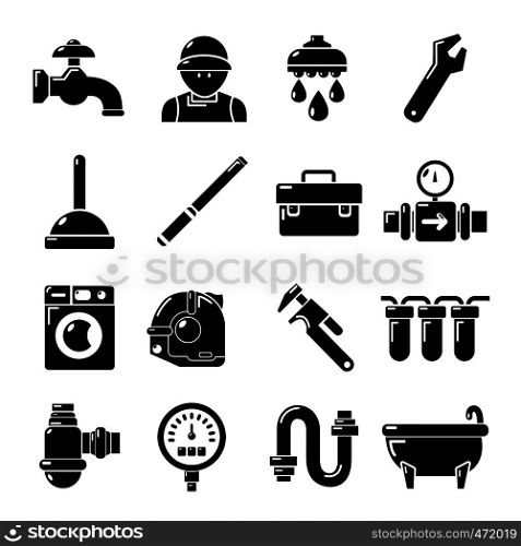 Plumber symbols icons set. Simple illustration of 16 plumber symbols vector icons for web. Plumber symbols icons set, simple style
