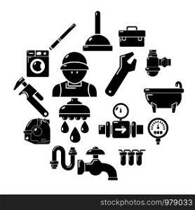 Plumber symbols icons set. Simple illustration of 16 plumber symbols vector icons for web. Plumber symbols icons set, simple style