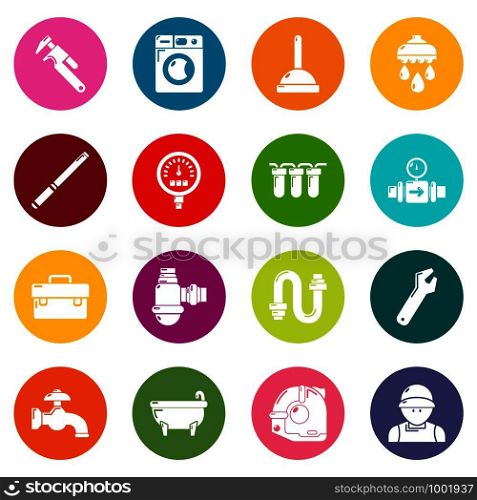 Plumber symbols icons set vector colorful circles isolated on white background . Plumber symbols icons set colorful circles vector