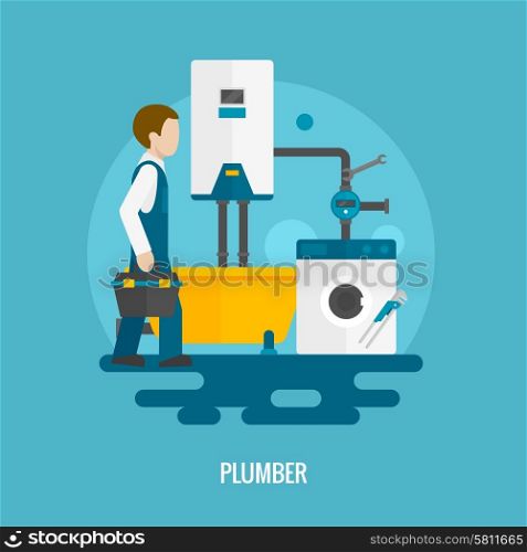 Plumber with washing machine bath and pipe system icon flat vector illustration. Flat Plumber Icon