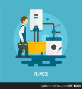 Plumber with washing machine bath and pipe system icon flat vector illustration. Flat Plumber Icon
