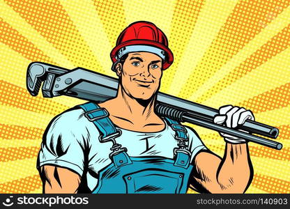 plumber worker with adjustable wrench. Pop art retro vector illustration vintage kitsch. pop art plumber worker with adjustable wrench