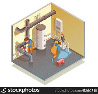 Plumbers Boiler Leak Fixing Isometric Composition. Two plumbers at work fixing boiler leak and checking heating water system pressure isometric composition vector illustration