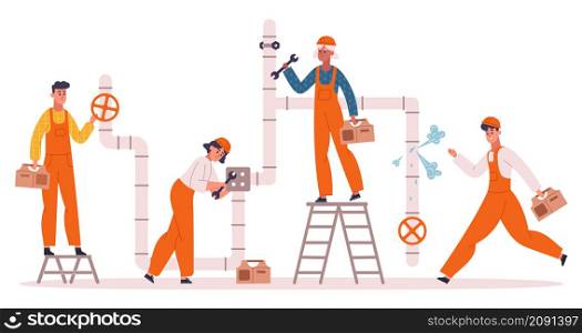 Plumbers characters fixing pipes, plumbing repair service. Professional plumbers fixing leakage or repair heating system vector illustration. Plumbing service workers standing on ladder with wrench. Plumbers characters fixing pipes, plumbing repair service. Professional plumbers fixing leakage or repair heating system vector illustration. Plumbing service workers