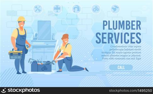 Plumbers Service Landing Page Offering Professional Help. Webpage with Cartoon Repairman Team in Uniform Standing in Bathroom with Tools and Equipment Ready to Work. Vector Illustration. Plumbers Service Webpage Offer Professional Help