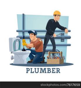 Plumbers with work tools, cartoon vector workers of plumbing repair and maintenance service. Plumber or handyman characters unclogging toilet and fixing leaking tubes with wrench, spanner and plunger. Plumbers with work tools, plumbing service workers