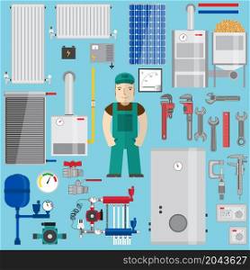 Plumbing and heating elements. Heating equipment. Set with boiler, plumber, wrench, pump, solar panel, pipes, radiators, battery, ammeter, thermostat, gas boiler, pellet boiler, converter, expansion tank. Vector illustration.