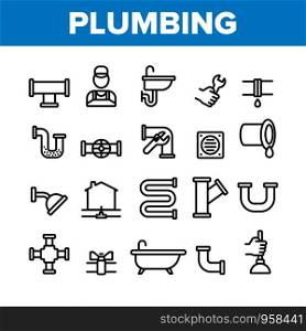 Plumbing Collection Elements Vector Icons Set Thin Line. Bathroom Plumbing Accessories And Equipment Concept Linear Pictograms. Leaking Tube And Plumber Monochrome Contour Illustrations. Plumbing Collection Elements Vector Icons Set