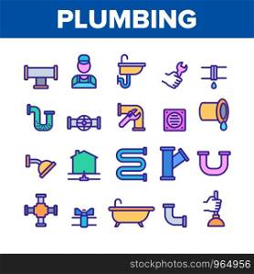 Plumbing Collection Elements Vector Icons Set Thin Line. Bathroom Plumbing Accessories And Equipment Concept Linear Pictograms. Leaking Tube And Plumber Color Contour Illustrations. Plumbing Color Elements Vector Icons Set