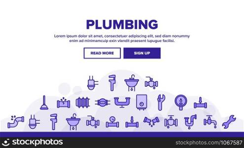 Plumbing Fixtures Landing Web Page Header Banner Template Vector. Faucet And Mixer, Valve And Sink, Pipe Tube And Tools Plumbing Fixtures Concept Illustration. Plumbing Fixtures Landing Header Vector
