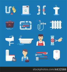 Plumbing Flat Icons Collection Blue Background . Plumber flat icons collection with toilet sink water heater on dark blue background abstract isolated vector illustration.