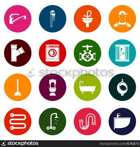Plumbing icons many colors set isolated on white for digital marketing. Plumbing icons many colors set