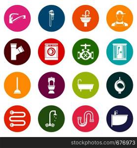 Plumbing icons many colors set isolated on white for digital marketing. Plumbing icons many colors set