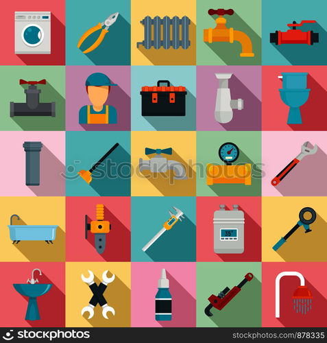 Plumbing icons set. Flat set of plumbing vector icons for web design. Plumbing icons set, flat style