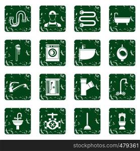 Plumbing icons set in grunge style green isolated vector illustration. Plumbing icons set grunge