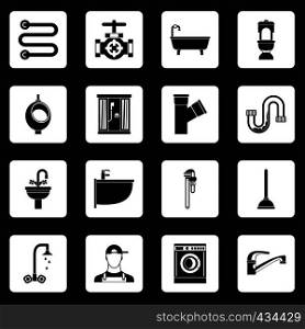 Plumbing icons set in white squares on black background simple style vector illustration. Plumbing icons set squares vector