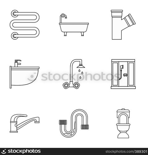 Plumbing icons set. Outline illustration of 9 plumbing vector icons for web. Plumbing icons set, outline style