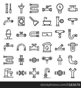 Plumbing icons set. Outline set of plumbing vector icons for web design isolated on white background. Plumbing icons set, outline style