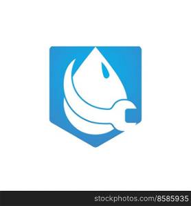 Plumbing logo illustration vector template. Wrench and water drops vector logo design. 