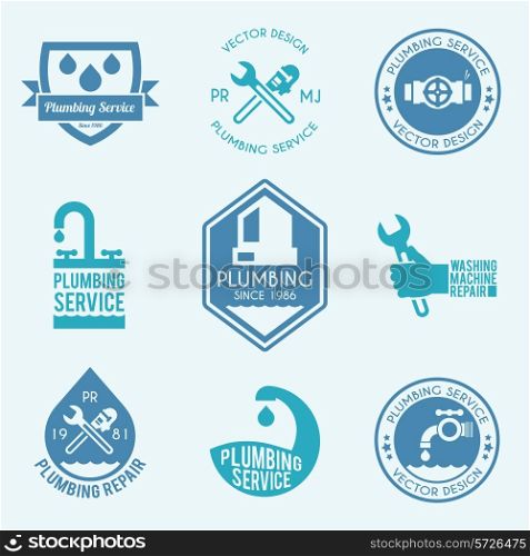 Plumbing pipelines leakage home facilities repair service flat labels collection with water drops abstract vector isolated illustration