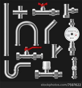 Plumbing pipes, pipeline parts of water supply and drain system 3d vector design of construction industry. Realistic metal tubes, valves and faucets, taps, steel fixtures, connectors and flow meter. Pipes and pipeline tubes. Plumbing or water supply