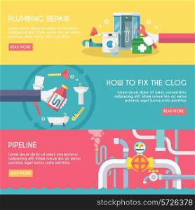 Plumbing repair fix the clog pipeline horizontal banner set isolated vector illustration