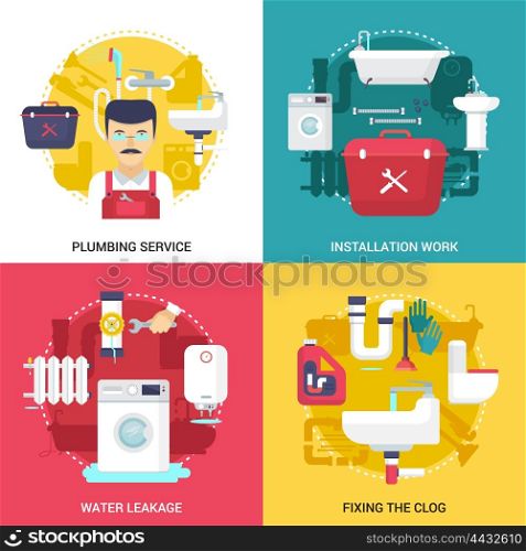 Plumbing Service 4 Flat Icons Square . Clogged drains cleaning and installations plumbing service concept 4 flat icons square design abstract isolated vector illustration