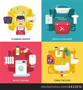 Plumbing Service 4 Flat Icons Square . Clogged drains cleaning and installations plumbing service concept 4 flat icons square design abstract isolated vector illustration