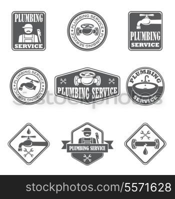 Plumbing service badges with water pipe plumber and tools isolated vector illustration