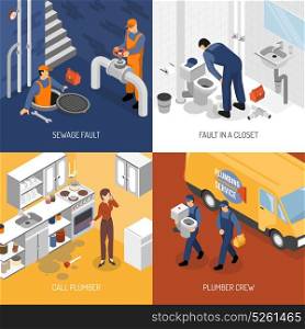 Plumbing Service Design Concept. Plumber isometric design concept with square compositions of plumbing crew characters site visit and repair process vector illustration
