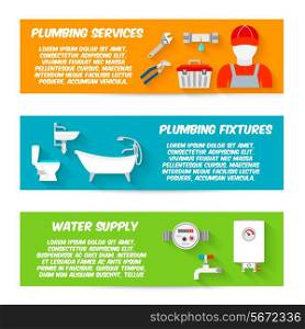 Plumbing service fixtures water supply icons horizontal banners set isolated vector illustration
