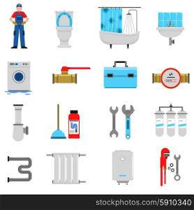 Plumbing service flat icons set with plunger bathroom equipment isolated vector illustration. Plumbing Icons Set
