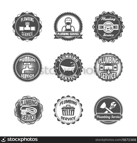Plumbing service labels with water pipe plumber and tools isolated vector illustration