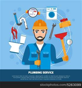 Plumbing Service Tools Background. Plumber background with flat sanitary technician male character and round composition of tools and bathroom fitments vector illustration