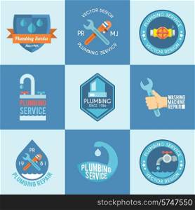 Plumbing service washing machine repair with a wrench flat labels icons composition design abstract vector isolated illustration