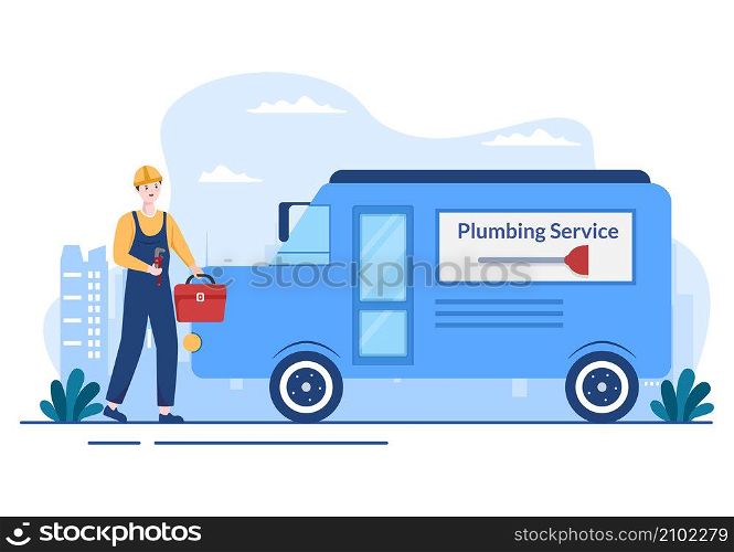 Plumbing Service with Plumber Workers Repair, Maintenance Fix Home and Cleaning Bathroom Equipment in Flat Background Illustration
