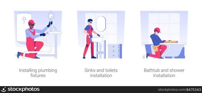 Plumbing services isolated concept vector illustration set. Installing plumbing fixtures, sinks and toilets, bathtub and shower installation in a new apartment, interior works vector cartoon.. Plumbing services isolated concept vector illustrations.