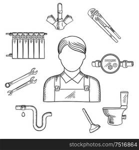Plumbing services sketch symbol of male plumber in uniform with spanners, water faucet, pipe with leak on connection, toilet, heating radiator, adjustable wrench, water meter and plunger. Profession theme design. Plumber man and sanitary engineering