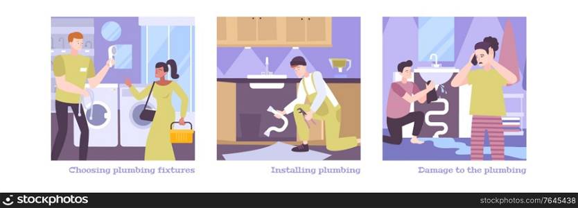 Plumbing set of three square compositions with flat human characters of clients and plumbers at work vector illustration